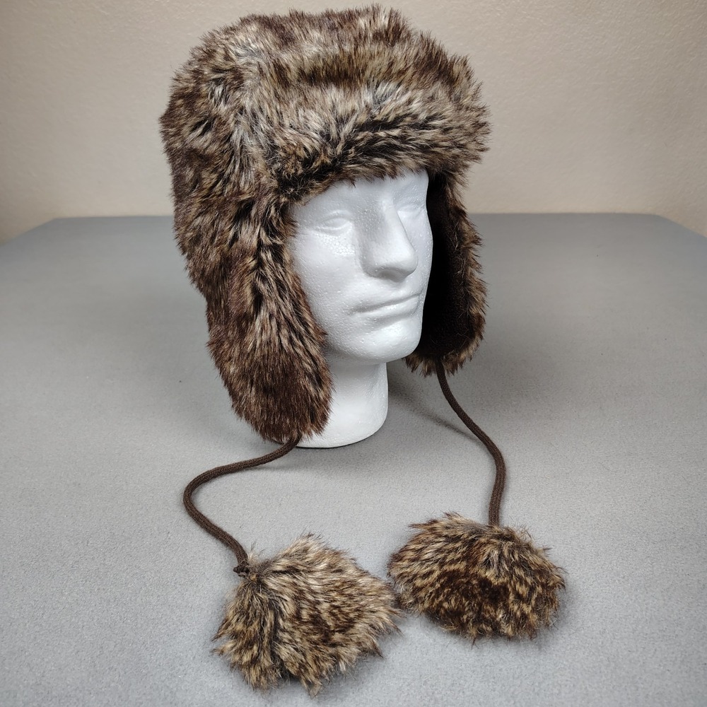 Aeropostale Faux Fur Wolf Trapper Hat Brown Beanie Ear Flap Cap Fleece Lined EC